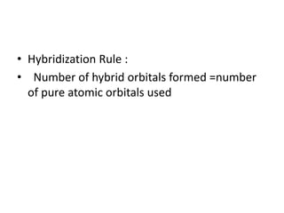 • Hybridization Rule :
• Number of hybrid orbitals formed =number
of pure atomic orbitals used
 