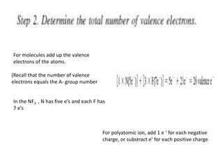 For molecules add up the valence
electrons of the atoms.
In the NF3 , N has five e’s and each F has
7 e’s
(Recall that the number of valence
electrons equals the A- group number
For polyatomic ion, add 1 e ‘ for each negative
charge, or substract e’ for each positive charge
 