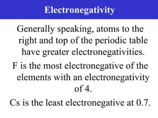 Prentice-Hall ©2002 Burns 4/e Chapter 8 Slide 15 of 69
Electronegativity
Generally speaking, atoms to the
right and top of the periodic table
have greater electronegativities.
F is the most electronegative of the
elements with an electronegativity
of 4.
Cs is the least electronegative at 0.7.
 