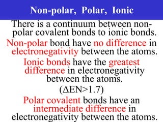 Prentice-Hall ©2002 Burns 4/e Chapter 8 Slide 16 of 69
Non-polar, Polar, Ionic
There is a continuum between non-
polar covalent bonds to ionic bonds.
Non-polar bond have no difference in
electronegativity between the atoms.
Ionic bonds have the greatest
difference in electronegativity
between the atoms.
(ΔEN>1.7)
Polar covalent bonds have an
intermediate difference in
electronegativity between the atoms.
 