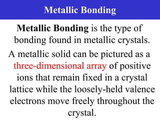 Prentice-Hall ©2002 Burns 4/e Chapter 8 Slide 20 of 69
Metallic Bonding
Metallic Bonding is the type of
bonding found in metallic crystals.
A metallic solid can be pictured as a
three-dimensional array of positive
ions that remain fixed in a crystal
lattice while the loosely-held valence
electrons move freely throughout the
crystal.
 