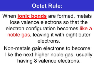 Prentice-Hall ©2002 Burns 4/e Chapter 8 Slide 25 of 69
Octet Rule:
When ionic bonds are formed, metals
lose valence electrons so that the
electron configuration becomes like a
noble gas, leaving it with eight outer
electrons.
Non-metals gain electrons to become
like the next higher noble gas, usually
having 8 valence electrons.
 