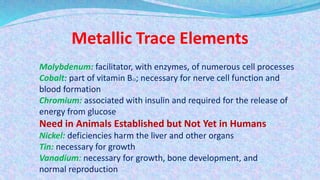 Metallic Trace Elements
Molybdenum: facilitator, with enzymes, of numerous cell processes
Cobalt: part of vitamin B12; necessary for nerve cell function and
blood formation
Chromium: associated with insulin and required for the release of
energy from glucose
Need in Animals Established but Not Yet in Humans
Nickel: deficiencies harm the liver and other organs
Tin: necessary for growth
Vanadium: necessary for growth, bone development, and
normal reproduction
 