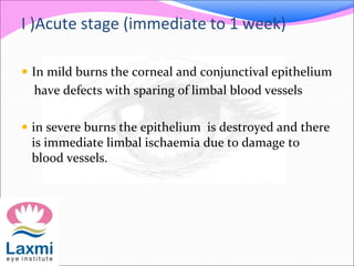 I )Acute stage (immediate to 1 week)
 In mild burns the corneal and conjunctival epithelium
have defects with sparing of limbal blood vessels
 in severe burns the epithelium is destroyed and there
is immediate limbal ischaemia due to damage to
blood vessels.
 