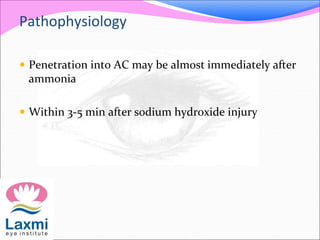 Pathophysiology
 Penetration into AC may be almost immediately after
ammonia
 Within 3-5 min after sodium hydroxide injury
 