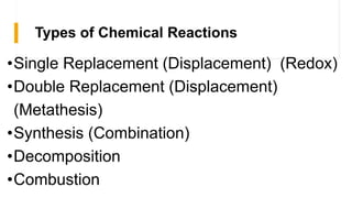 Types of Chemical Reactions
•Single Replacement (Displacement) (Redox)
•Double Replacement (Displacement)
(Metathesis)
•Synthesis (Combination)
•Decomposition
•Combustion
 