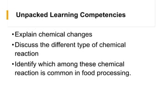 Unpacked Learning Competencies
•Explain chemical changes
•Discuss the different type of chemical
reaction
•Identify which among these chemical
reaction is common in food processing.
 