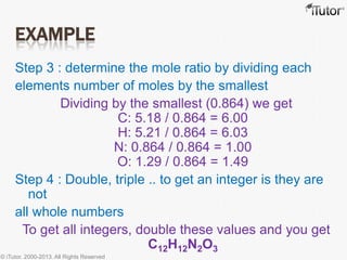 EXAMPLE
Step 3 : determine the mole ratio by dividing each
elements number of moles by the smallest
Dividing by the smallest (0.864) we get
C: 5.18 / 0.864 = 6.00
H: 5.21 / 0.864 = 6.03
N: 0.864 / 0.864 = 1.00
O: 1.29 / 0.864 = 1.49
Step 4 : Double, triple .. to get an integer is they are
not
all whole numbers
To get all integers, double these values and you get
C12H12N2O3
© iTutor. 2000-2013. All Rights Reserved
 