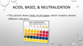 ACIDS, BASES, & NEUTRALIZATION
• This picture shows strips of pH paper, which contains several
different indicators.
 