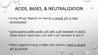 ACIDS, BASES, & NEUTRALIZATION
• Living things depend on having a steady pH in their
environment.
• Some plants prefer acidic soil with a pH between 4 and 6.
Other plants need basic soil with a pH between 8 and 9.
• Many organism living in lakes and streams need a neutral
pH to survive.
 