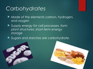 Carbohydrates
 Made of the elements carbon, hydrogen,
and oxygen
 Supply energy for cell processes, form
plant structures; short-term energy
storage
 Sugars and starches are carbohydrate.
 