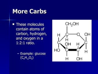 More Carbs These molecules contain atoms of carbon, hydrogen, and oxygen in a 1:2:1 ratio. Example: glucose (C 6 H 12 O 6 ) 