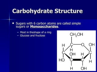 Carbohydrate Structure Sugars with 6 carbon atoms are called simple sugars or  Monosaccharides . Most in the shape of a ring Glucose and fructose 