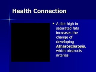Health Connection A diet high in saturated fats increases the change of developing  Atherosclerosis , which obstructs arteries. 