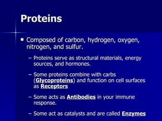 Proteins Composed of carbon, hydrogen, oxygen, nitrogen, and sulfur. Proteins serve as structural materials, energy sources, and hormones. Some proteins combine with carbs ( Glycoproteins ) and function on cell surfaces as  Receptors Some acts as  Antibodies  in your immune response. Some act as catalysts and are called  Enzymes 