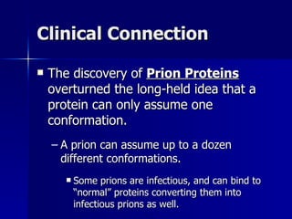 Clinical Connection The discovery of  Prion Proteins  overturned the long-held idea that a protein can only assume one conformation. A prion can assume up to a dozen different conformations. Some prions are infectious, and can bind to “normal” proteins converting them into infectious prions as well. 