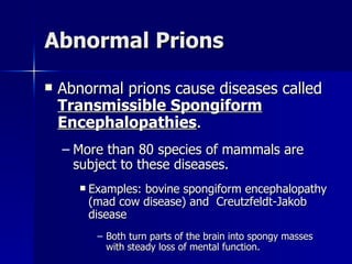 Abnormal Prions Abnormal prions cause diseases called  Transmissible Spongiform Encephalopathies . More than 80 species of mammals are subject to these diseases. Examples: bovine spongiform encephalopathy (mad cow disease) and  Creutzfeldt-Jakob disease Both turn parts of the brain into spongy masses with steady loss of mental function. 
