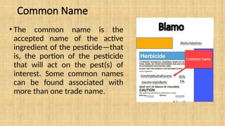 Common Name
• The common name is the
accepted name of the active
ingredient of the pesticide—that
is, the portion of the pesticide
that will act on the pest(s) of
interest. Some common names
can be found associated with
more than one trade name.
 