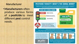 Manufacturer
•Manufacturers often
produce various forms
of a pesticide to meet
different pest control
needs.
 