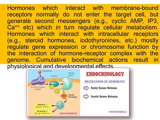  Hormones which interact with membrane-bound
receptors normally do not enter the target cell, but
generate second messengers (e.g., cyclic AMP, IP3,
Ca++ etc) which in turn regulate cellular metabolism.
Hormones which interact with intracellular receptors
(e.g., steroid hormones, iodothyronines, etc.) mostly
regulate gene expression or chromosome function by
the interaction of hormone-receptor complex with the
genome. Cumulative biochemical actions result in
physiological and developmental effects.
 