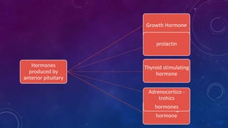Hormones
produced by
anterior pituitary
Growth Hormone
prolactin
Thyroid stimulating
hormone
Luteinizing
hormone
Adrenocortico -
trohics
hormones
 