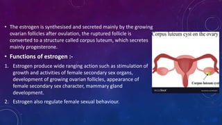 • The estrogen is synthesised and secreted mainly by the growing
ovarian follicles after ovulation, the ruptured follicle is
converted to a structure called corpus luteum, which secretes
mainly progesterone.
• Functions of estrogen :-
1. Estrogen produce wide ranging action such as stimulation of
growth and activities of female secondary sex organs,
development of growing ovarian follicles, appearance of
female secondary sex character, mammary gland
development.
2. Estrogen also regulate female sexual behaviour.
 