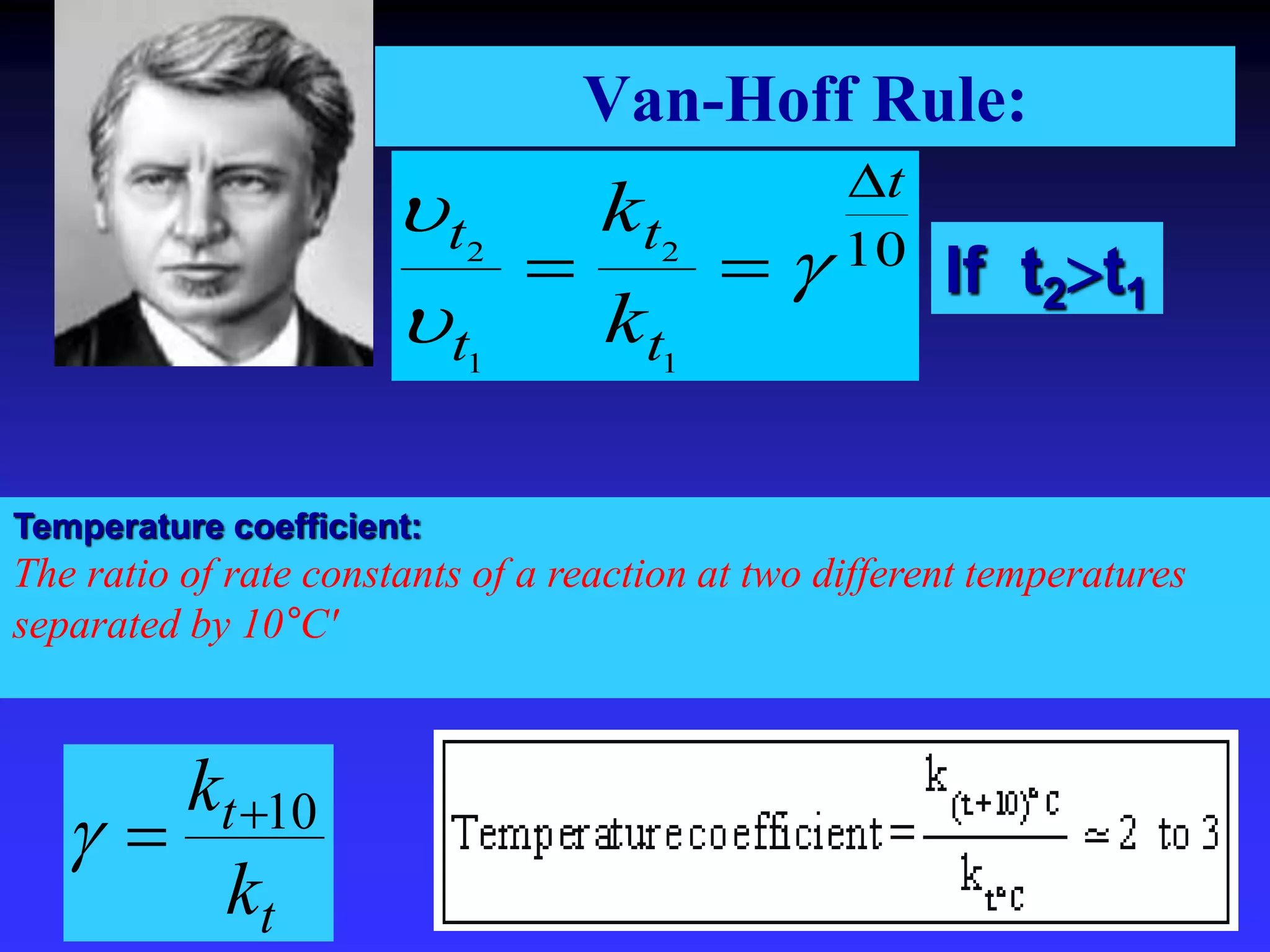 Van-Hoff Rule:
10
1
2
1
2
t
t
t
t
t
k
k 

 


If t2t1
t
t
k
k 10



Temperature coefficient:
The ratio of rate constants of a reaction at two different temperatures
separated by 10°C'
 