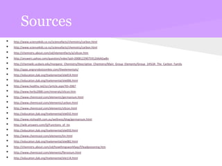 Sources
• http://www.sciencekids.co.nz/sciencefacts/chemistry/carbon.html
• http://www.sciencekids.co.nz/sciencefacts/chemistry/carbon.html
• http://chemistry.about.com/od/elementfacts/a/silicon.htm
• http://answers.yahoo.com/question/index?qid=20081229075912AAAGw8n
• http://chemwiki.ucdavis.edu/Inorganic_Chemistry/Descriptive_Chemistry/Main_Group_Elements/Group_14%3A_The_Carbon_Family
• http://apps.angryrobotzombie.com/theelementals/
• http://education.jlab.org/itselemental/ele014.html
• http://education.jlab.org/itselemental/ele006.html
• http://www.healthy.net/scr/article.aspx?ID=2067
• http://www.herbs2000.com/minerals/silicon.htm
• http://www.chemicool.com/elements/germanium.html
• http://www.chemicool.com/elements/carbon.html
• http://www.chemicool.com/elements/silicon.html
• http://education.jlab.org/itselemental/ele032.html
• http://www.ntshealth.com.au/wellness/blog/germanium.html
• http://wiki.answers.com/Q/Functions_of_tin
• http://education.jlab.org/itselemental/ele050.html
• http://www.chemicool.com/elements/tin.html
• http://education.jlab.org/itselemental/ele082.html
• http://chemistry.about.com/od/howthingsworkfaqs/f/leadpoisoning.htm
• http://www.chemicool.com/elements/flerovium.html
• http://education.jlab.org/itselemental/ele114.html
 