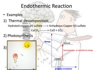 Endothermic ReactionExamplesThermal decompositionHydrated copper (II) sulfate ----> Anhydrous Copper (II) sulfateCaCO3  --------> CaO + CO22) Photosynthesis3) 