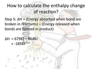 Energy is absorbed during bond breaking and energy is released during bond forming.How to calculate the enthalpy change of reaction?H2 + Cl2 -----> 2HCl		 ∆H = ? Step 1: Energy for some bonds will be given in the questionsStep2: Calculate the energy absorbed during bond breaking and energy is released during Bond forming 