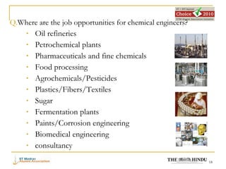 Q. Where are the job opportunities for chemical engineers? Oil refineries Petrochemical plants Pharmaceuticals and fine chemicals Food processing Agrochemicals/Pesticides Plastics/Fibers/Textiles Sugar Fermentation plants Paints/Corrosion engineering Biomedical engineering consultancy 