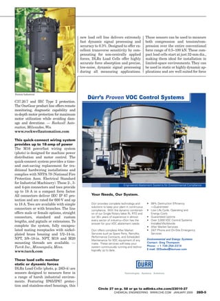 new load cell line delivers extremely               These sensors can be used to measure
                                                  fast dynamic signal processing and                  both compression and tension/com-
                                                  accuracy to 0.3%. Designed to offer ex-             pression over the entire conventional
                                                  cellent transverse sensitivity by com-              force range of 0.5–100 kN. These com-
                                                  pensating for non-centrally applied                 pact load cells start at just 32-mm dia.,
                                                  forces, DLRx Load Cells offer highly                making them ideal for installation in
                                                  accurate force absorption and precise,              limited-space environments. They can
                                                  low-noise, dynamic signal processing                be used in static or highly dynamic ap-
                                                  during all measuring applications.                  plications and are well suited for force




        Pentair Industrial
                                                      Dürr’s Proven VOC Control Systems
        C37.20.7 and IEC Type 2 protection.
        The OneGear product line offers remote
        monitoring, diagnostic capability and
        in-depth motor protection for maximum
        motor utilization while avoiding dam-
        age and downtime. — Rockwell Auto-
        mation, Milwaukee, Wis.
        www.rockwellautomation.com

        This quick-connect wiring system
        provides up to 18-amp of power
        The M16 powerfast wiring system
        (photo) is designed for machine power
        distribution and motor control. The
        quick-connect system provides a time-
        and cost-saving replacement for tra-
        ditional hardwiring installations and
        complies with NFPA 79 (National Fire
        Protection Assn. Electrical Standard
        for Industrial Machinery). These 2-, 3-
                                                                                   Engineered Abatement Systems for Environmental Compliance
        and 4-pin connectors and tees provide
        up to 18 A in a compact form factor.
        All connectors deliver IEC IP 67 pro-            Your Needs, Our System.
        tection and are rated for 600 V and up
        to 18 A. Tees are available with simple          Dürr provides complete technology and         • 99% Destruction Efﬁciency
                                                         solutions to keep your plant in continuous      —Guaranteed
        connectors or with branches. The line            compliance. With the dynamic combinati-       • Low Life Cycle, Operating and
        offers male or female options, straight          on of our Single Rotary Valve RL RTO and        Energy Costs
        connectors, standard and custom                  our 30+ years of experience in almost         • Guaranteed Uptime
        lengths, and pigtails or extensions. To          every sector of industry—Dürr has the         • Over 3,000 VOC Control Systems
                                                         answer for your VOC abatement needs.            Installed Worldwide
        complete the system, fully encapsu-                                                            • After Market Services
        lated mating receptacles with nickel-            Durr offers complete After Market             • 24/7 Phone and On-Site Emergency
        plated brass housing and 1/2–14-in.              Services such as Spare Parts, Retroﬁts,         Services
                                                         Performance Contracts, and Scheduled
        NPT, 3/8–18-in. NPT, M18 and M20                 Maintenance for VOC equipment of any          Environmental and Energy Systems
        mounting threads are available. —                make. These services will keep your           Contact: Greg Thompson
                                                                                                       Phone: +1 734-254-2314
        Turck Inc., Minneapolis, Minn.                   system continuously running and techno-
                                                         logically up to date.                         E-mail: EESsales@durrusa.com
        www.turck.com

        These load cells monitor
        static or dynamic forces
        DLRx Load Cells (photo, p. 28D-4) are
        sensors designed to measure force in
        a range of harsh industrial environ-
        ments. Featuring IP65/IP67 protec-
        tion and stainless-steel housings, this
                                                              Circle 27 on p. 58 or go to adlinks.che.com/23010-27
                                                                           Chemical Engineering www.che.com January 2009                    28D-5




10_CHE_011509_NPd.indd 5                                                                                                                  12/22/08 11:25:20 AM
 