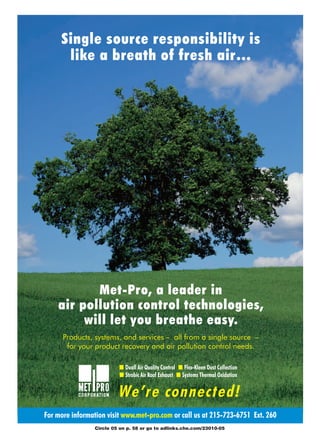 Single source responsibility is
                       like a breath of fresh air…




                            Met-Pro, a leader in
                     air pollution control technologies,
                          will let you breathe easy.
                       Products, systems, and services – all from a single source –
                        for your product recovery and air pollution control needs.

                                           � Duall Air Quality Control � Flex-Kleen Dust Collection
                                           � Strobic Air Roof Exhaust � Systems Thermal Oxidation


                                           We’re connected!
                 For more information visit www.met-pro.com or call us at 215-723-6751 Ext. 260
                                  Circle 05 on p. 58 or go to adlinks.che.com/23010-05




Met-Pro.indd 1                                                                                        12/17/08 3:21:23 PM
 