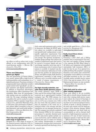 Focus




                                     Charles Ross and Son                                                 Chemineer


                                                            fuels, water and wastewater and a variety       and variable speed drives — Charles Ross
                                                            of chemicals, the Model 20 HT/GT agita-         and Son Co., Hauppauge, N.Y.
                                                            tors (photo) are available in right-angle       www.planetarymixers.com
                                                            and parallel-shaft configurations to meet
                                                            specific application requirements from          Easily mount these mixers
                                     Silverson              critical chemical reactor systems to rou-       to IBCs or totes
                                     Machines
                                                            tine storage. The agitators incorporate a       Featuring a short shaft and a folding
                                                            modular design package that reduces the         propeller that is constructed of 316 stain-
        otic alloys as well as carbon steel is also         number of replacement parts that need to        less steel and capable of fitting through
        offered, as are configurations with CIP             be carried in inventory. Quick and easy         a 2-in. opening, the HGL Mixer (photo, p.
        vessel-cleaning nozzles. — Munson Ma-               seal-change capability saves time and re-       49) allows easy integration with standard
        chinery Co., Utica, N.Y.                            duces maintenance costs. A variety of seal      intermediate bulk containers (IBCs) or
        www.munsonmachinery.com                             options is available. A standard cast dry-      poly tote bins by use of an optional 2-in.
                                                            well seal eliminates lubrication-oil leak-      bulkhead fitting. The propeller’s operating
        These new laboratory                                age from the gearbox. An optimized gear         diameter is nine inches, and a second fold-
        mixers go digital                                   design and lighter-weight shaft diameter        ing propeller can be added as an accessory
        The new generation L5 Series labora-                requirements contribute to high energy          and bolted anywhere on the ¾-in. shaft.
        tory mixers (photo) offer a high level of           efficiency, and a reversible rotation meets     Available motors included electric motors
        instrumentation and automation via a                a variety of process requirements. —            (1/3 to 1 hp) and air motors (1/2 to 1 hp).
        digital touchscreen. Functions include a            Chemineer Inc., Dayton, Ohio                    Explosion-proof motors are also available.
        programmable timer, infinitely variable             www.chemineer.com                               — Neptune Mixer Co., Lansdale, Pa.
        speed control with “speedlock”, an inte-                                                            www.neptune1.com
        gral ammeter and digital tachometer.                For high viscosity materials, con-
        In addition to functional advantages,               sider these double planetary mixers             Split shaft seals for mixers and
        the touchscreen offers cleanliness and              The double planetary mixer (DPM) is             other rotating equipment
        reliability. More than 40 interchange-              often used for the mixing of high viscosity     These seals (photo, p. 49) are available
        able mixing units are available for use             materials up to approximately 6-million         fully split to retrofit mixers, blenders and
        with the L5 range including tubular                 centipoise (cps). The DPM contains two          most other rotating bulk process equip-
        assemblies for narrow-necked or small               mixing blades that revolve on their own         ment without the removal of bearings or
        containers. With a capacity range from              axis, as well as on a common axis, within       drives. The seals work like a thrust bear-
        1 mL to 12 L, and inline flowrates of up            the mix vessel. The mix pattern ensures         ing; there are no internal springs to loosen,
        to 20 L/min, this generation of labora-             that all materials in the vessel are in-        corrode or break. A driving elastomer is
        tory mixers offers versatility in day-to-           termixed within a few minutes and that          the seal’s only contact with the shaft pro-
        day laboratory and small-scale produc-              ingredients are not damaged during mix-         tecting it from abrasion damage. Radial
        tion duties. — Silverson Machines, Inc.,            ing. This company has recently completed        shaft misalignment and shock loads are
        East Longmeadow, Mass.                              three identical DPMs for the continuous         accommodated, as well as thermal shaft
        www.silverson.com                                   processing of a specialty chemical prod-        growth in high-temperature processes. A
                                                            uct. The units shown (photo) include: vac-      minimum of 6 mm of total runout-mis-
        These top-entry agitators service a                 uum construction; special addition ports;       alignment capacity is built into the seals.
        wide range of applications                          jacketed mix cans on casters for heating        — MECO Shaft Seals, Div., Woodex Bear-
        Designed for a wide range of service in             and cooling; thermocouples to monitor           ing Co., Georgetown, Maine
        the chemical process industries (CPI) in-           temperature; stainless-steel construction;      www.woodex-meco.com                       ■
        cluding pharmaceutical, ethanol and bio-            manually operated flush discharge valves;                                Dorothy Lozowski
        50    Chemical Engineering www.che.com January 2009




18_CHE_011509_CUS.indd 50                                                                                                                       12/22/08 12:47:52 PM
 