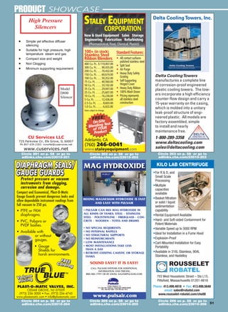 PRODUCT SHOWC ASE
                   High Pressure
                     Silencers
                                                        STALEY EQUIPMENT                                              Delta Cooling Towers, Inc.

                                                                               CORPORATION
                                                        New  Used Equipment • Sales • Storage
           •     Simple yet effective diffuser          Engineering • Fabrication • Refurbishing
                 silencing                                   (Pharmaceutical, Food, Chemical, Plastics)
           •     Suitable for high pressure, high
                                                        100+ (in stock)
                 temperature steam and gas                              Standard Features:
                                                        Stainless Steel
           •     Compact size and weight                Ribbon Blenders • All contact surfaces
                                                                                           polished stainless steel
           •     Non Clogging                           400 Cu. Ft.. $ 119,007.00
                                                                                         • Split Seal
           •     Minimum supporting requirement         300 Cu. Ft. . . . 90,435.00
                                                                                         • Air Purge
                                                        200 Cu. Ft. . . . 70,432.00
                                                        150 Cu. Ft. . . . 60,674.00      • Heavy Duty Safety
                                                                                           Grating                     Delta Cooling Towers
                                                        100 Cu. Ft. . . . 50,352.00
                                                        75 Cu. Ft. . . . . 40,560.00     • Self-Supporting             manufactures a complete line
                                                        50 Cu. Ft. . . . . 33,102.00       Hinged Cover                of corrosion-proof engineered
                                          Model                                          • Heavy Duty Ribbon
                                                        35 Cu. Ft. . . . . 29,047.00                                   plastic cooling towers. The tow-
                                          D800          25 Cu. Ft. . . . . 25,607.00     • 100% Wash Down
                                                        10 Cu. Ft. . . . . 16,230.00     • Pricing represents          ers incorporate a high efficiency
                                          Silencer                                                                     counter-flow design and carry a
                                                        5 Cu. Ft. . . . . . 12,436.00      all stainless steel
                                                        2.5 Cu. Ft. . . . . 8,603.00       construction                15-year warranty on the casing,
                                                        1.0 Cu. Ft. . . . . . 6,022.00                                 which is molded into a unitary
                                                        Rates subject to change.
                                                                                                                       leak-proof structure of engi-
                                                                     :
                                                                 FREEe                                                 neered plastic. All models are
                                                               On-Sit st                                               factory assembled, simple
                                                                     Te
                                                            BlendingUR                                                 to install and nearly
                                                               of YO t                                                 maintenance free.
                                                               Produc
                   CU Services LLC                                                                                     1-800-289-3358
           725 Parkview Cir, Elk Grove, IL 60007        Adelanto, CA
                                                                                                                       www.deltacooling.com
            Ph 847-439-2303 rcronfel@cuservices.net     (760) 246-0041
             www.cuservices.net
         SEALS/GUARDS 2C AD-07 8/15/07                 8:59 AM Page 1
                                                         www.staleyequipment.com                                       sales@deltacooling.com
               Circle 201 on p. 58 or go to                   Circle 202 on p. 58 or go to                               Circle 203 on p. 58 or go to
               adlinks.che.com/23010-201                      adlinks.che.com/23010-202                                  adlinks.che.com/23010-203


                                                       MAG HYDROXIDE                                                    KILO LAB CENTRIFUGE
                                                                                                                      •	For R  D, and
                                                                                                                        Small Scale
               Protect pressure or vacuum                                                                               Processing
               instruments from clogging,
                                                                                                                      •	Multiple 	
               corrosion and damage.                                                                                    capacities 	
          Compact and Economical, Plast-O-Matic                                                                         available
          Gauge Guards prevent dangerous leaks and                                                                    •	Basket filtration
                                                       MIXING MAGNESIUM HYDROXIDE IS FAST
          allow dependable instrument readings from                                                                     or solid / liquid
                                                              AND EASY WITH PULSAIR
          full vacuum to 250 psi.                                                                                       sedimentation
          • PTFE or FKM                                • PULSAIR CAN MIX MAG HYDROXIDE IN                               capability
            diaphragms.                                ALL KINDS OF TANKS: STEEL - STAINLESS
                                                                                                                      •	Rental Equipment Available
                                                       STEEL - POLYETHYLENE - FIBERGLASS - CON-
          • PVC, Polypro or                            CRETE - WOODEN - TOTES AND DRUMS                               •	Hard- and Soft-sided Containment for
            PVDF bodies.                                                                                                Potent Materials
                                                       • NO SPECIAL REQUIRENTS                                        •	Variable Speed up to 3000 RPM
          • Available with                             • NO INTERNAL BAFFELS
                                                                                                                      •	Ideal for Installation in a Fume Hood
                     or without                        • NO STRUCTURAL SUPPORTS
                     gauges.                           • NO REINFORCMENTS                                             •	Explosion-Proof
                                                       • LOW MAINTENANCE                                              •	Cart-Mounted Installation for Easy
                        • Gauge                        • MOST INSTALLATIONS TAKE LESS                                   Portability
                          Shields for                    THAN A DAY
                                                                                                                      •	Available in 316L Stainless, 904L
                                                       • RETROFIT EXISITNG CAUSTIC OR STORAGE
                          harsh environments.            TANKS                                                          Stainless, and Hastelloy

                                                              SOUND EASY? IT IS EASY!                                            ROUSSELET
                                                               CALL PULSAIR SYSTEMS FOR ADDITIONAL
                                                                     INFORMATION AND PRICING
                                                           800-582-7797 OR BY EMAIL SALES@PULSAIR.COM
                                                                                                                                 ROBATEL
                                                                                                                        703 West Housatonic Street – Ste L15,
                                                                                                                        Pittsfield, Massachusetts 01201-6616
          PLAST-O-MATIC VALVES, INC.                                                                                  Phone: 413.499.4818 • Fax: 413.499.5648
                 CEDAR GROVE, NJ 07009                                                                                        email: sales@robatel.com
           (973) 256-3000 • Fax: (973) 256-4745                                                                          www.rousselet-robatel.com/che08
          www.plastomatic.com • info@plastomatic.com              www.pulsair.com
               Circle 204 on p. 58 or go to                   Circle 205 on p. 58 or go to                               Circle 206 on p. 58 or go to
               adlinks.che.com/23010-204                      adlinks.che.com/23010-205                                  adlinks.che.com/23010-206 51




19_CHE_010109_Classified.indd 51                                                                                                                          12/22/08 12:25:03 PM
 