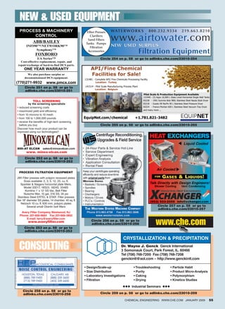 New  Used Equipment
            PROCESS  MACHINERY                                       Filter Presses       WAT E R W O R K S                    800.232.9334                   219.663.8210
                 CONTROL
                ABB/BAILEY
                                                                        Clariﬁers
                                                                       Sand Filters
                                                                     Tanks Pumps
                                                                                           www.airtowater.com
                  INFI90TM/NETWORK90TM                                  Filtration
                                                                                           NEW USED SURPLUS
                        SymphonyTM
                          FOXBORO
                                                                       Accessories                                     Filtration Equipment
                           I/A SeriesTM                                           Circle 254 on p. 58 or go to adlinks.che.com/23010-254
             Cost-effective replacement, repair, and
           repair/exchange of hard-to-find DCS parts.
                ONE YEAR WARRANTY                                        API/Fine Chemical
                  We also purchase surplus or                            Facilities for Sale!
                decommissioned DCS equipment.
                                                                    131481 - Complete API/ Fine Chemicals Processing Facility
         (770)271-9932             www.pmcx.com                              Location: Turkey
                                                                    141514 - Pilot Scale Manufacturing Process Plant
                 Circle 251 on p. 58 or go to
                                                                            Location: Belgium
                 adlinks.che.com/23010-251
                                                                                                                         Pilot Scale  Production Equipment Available
                                                                                                                         131940 - (5) Appx 10,000 L Glass Lined Horizontal Single Wall Tanks
                        TOLL SCREENING                                                                                   83228 - 1991 Summix Bolz 980L Stainless Steel Nauta Style Dryer
                    by the screening specialists                                                                         83218 - Guedu 90 No/Po 90 L Stainless Steel Pressure Dryer
          • reduced screening costs                                                                                      83224 - Franco-Montan 600 L Stainless Steel Vacuum Tray Dryer
                                                                                                                         and many more ...
          • maximized yield and efficiency
          • from 10 microns to 10 mesh
          • from 100 to 1,000,000 pounds                            EquipNet.com/chemical                        +1.781.821-3482
          •  eceive the benefits of high-tech screening
            r
            before you buy                                                        Circle 255 on p. 58 or go to adlinks.che.com/23010-255
          Discover how much your product can be
          improved using our technologies!!




          800–AT ELCAN          sales@minox-elcan.com
                  www. minox-elcan.com
                 Circle 252 on p. 58 or go to
                 adlinks.che.com/23010-252


            Process Filtration Equipment

          JWI Filter presses with polypro recessed plates
                Sizes available: 2, 3, 5, 12, 25, cu. ft.
             Sparkler  Niagara horizontal plate filters,
                Model 33D17, 18S23, 1824S, 3348S
                 Komline 1' x 12' SS Vac. Belt Filter
                Nutsche filter, 10 gal, 316 SS, 35 psi
           Stainless Steel ERTEL  STAR Filter presses
          Star 18 diameter SS plates, 14 chamber, 45 sq. ft.
             Netzsch 10 cu. ft. 630 mm, polypro plates
                   Several small Oberlin belt filters                                                                                  Circle 257 on p. 58 or go to
                                                                                                                                       adlinks.che.com/23010-257
             Avery Filter Company, Westwood, NJ
            Phone: 201-666-9664 Fax 201-666-3802


                                                                                                                                     www.che.com
                E-mail: larry@averyfilter.com
                   www.averyfilter.com                                   Circle 256 on p. 58 or go to
                                                                         adlinks.che.com/23010-256
                Circle 253 on p. 58 or go to
                adlinks.che.com/23010-253

                                                                                                      CRYSTALLIZATION  PRECIPITATION

            Consulting                                                                               Dr. Wayne J. Genck Genck International
                                                                                                     3 Somonauk Court, Park Forest, IL. 60466
                                                                                                     Tel (708) 748-7200 Fax (708) 748-7208
                                                                                                     genckintl@aol.com – http://www.genckintl.com

                                                                	   • Design/Scale-up	                          • Troubleshooting	                  • Particle Habit
                                                                	   • Size Distribution	                        • Purity	                           • Product Micro-Analysis
                                                                	   • Laboratory Investigations	                • Caking	                           • Polymorphism
                                                                	   • Filtration	                               • Drying	                           • Kinetics Studies

                                                                                                      ◆◆◆ Industrial Seminars ◆◆◆
               Circle 258 on p. 58 or go to
               adlinks.che.com/23010-258                                          Circle 259 on p. 58 or go to adlinks.che.com/23010-259

                                                                                                        Chemical Engineering www.che.com JANUARY 2009                                      55




19_CHE_010109_Classified.indd 55                                                                                                                                                 12/22/08 12:26:52 PM
 