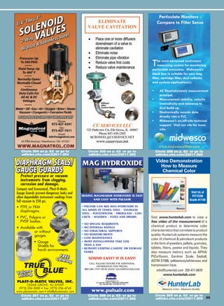 Particulate Monitors -
                                                                                                           Compare to Filter Sense




                                                                                                       T   he most advanced continuous
                                                                                                           measuring system for monitoring
                                                                                                       particulate emissions. Midwesco’s
                                                                                                       black box is suitable for your bag
                                                                                                       filter, cartridge filter, dust collector
                                                                                                       and cyclone application(s).

                                                                                                       •     AC Electrodynamic measurement
                                                                                                             principal.
                                                                                                       •     Measurement stability, velocity
                                                                                                             insensitivity and tolerance to
                                                                                                             dust build up.
                                                                                                       •     Electronically records data
                                                                                                             directly into a PLC.
                                                                                                       •     Midwesco’s on/off-site technical
                                                                                                             support. Visit our site for more
                                                                                                             info.



         SEALS/GUARDS 2C AD-07             8/15/07    8:59 AM       Page 1                                  www.midwescofilter.com
             Circle 204 on p. 62 or go to                   Circle 205 on p. 62 or go to                   Circle 206 on p. 62 or go to
             adlinks.che.com/23011-204                      adlinks.che.com/23011-205                      adlinks.che.com/23011-206

                                                                                                           Video Demonstration
                                                       MAG HYDROXIDE                                         How to Measure
                                                                                                              Chemical Color
             Protect pressure or vacuum
             instruments from clogging,
             corrosion and damage.
          Compact and Economical, Plast-O-Matic
          Gauge Guards prevent dangerous leaks and                                                                                  Visit Us at
          allow dependable instrument readings from   MIXING MAGNESIUM HYDROXIDE IS FAST                                             PITTCON
                                                             AND EASY WITH PULSAIR                                                 Booth #1748
          full vacuum to 250 psi.
          • PTFE or FKM                               • PULSAIR CAN MIX MAG HYDROXIDE IN
            diaphragms.                               ALL KINDS OF TANKS: STEEL - STAINLESS
                                                      STEEL - POLYETHYLENE - FIBERGLASS - CON-
          • PVC, Polypro or                           CRETE - WOODEN - TOTES AND DRUMS                 Visit www.hunterlab.com to view a
            PVDF bodies.                                                                               free video of the measurement of a
                                                      • NO SPECIAL REQUIRENTS
          • Available with                            • NO INTERNAL BAFFELS                            chemical product to determine color
                     or without                       • NO STRUCTURAL SUPPORTS                         characteristics that correlate to product
                     gauges.                          • NO REINFORCMENTS                               quality. HunterLab systems measure the
                                                      • LOW MAINTENANCE                                color of chemical  petroleum products
                        • Gauge                       • MOST INSTALLATIONS TAKE LESS
                                                                                                       in the form of powders, pellets, granules,
                          Shields for                   THAN A DAY
                                                                                                       tablets, fibers, pastes and liquids. They
                                                      • RETROFIT EXISITNG CAUSTIC OR STORAGE
                          harsh environments.           TANKS                                          also measure metrics such as APHA/
                                                                                                       PtCo/Hazen, Gardner Scale, Saybolt,
                                                             SOUND EASY? IT IS EASY!
                                                                                                       ASTM D1500, yellowness/whiteness and
                                                              CALL PULSAIR SYSTEMS FOR ADDITIONAL
                                                                    INFORMATION AND PRICING            transmission haze.
                                                          800-582-7797 OR BY EMAIL SALES@PULSAIR.COM
                                                                                                            info@hunterlab.com 703-471-6870
                                                                                                                 www.hunterlab.com
          PLAST-O-MATIC VALVES, INC.
                CEDAR GROVE, NJ 07009
          (973) 256-3000 • Fax: (973) 256-4745
         www.plastomatic.com • info@plastomatic.com            www.pulsair.com
             Circle 207 on p. 62 or go to                   Circle 208 on p. 62 or go to                   Circle 209 on p. 62 or go to
             adlinks.che.com/23011-207                      adlinks.che.com/23011-208                      adlinks.che.com/23011-209 55




19_CHE_020109_Classified.indd 55                                                                                                            1/23/09 4:37:13 PM
 