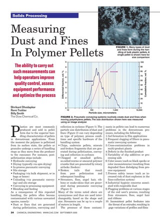 Solids Processing



Measuring
Dust	and	Fines	                                                                                                 FIGURE 1. Many types of dust


In	Polymer	Pellets
                                                                                                                 and fines form during the han-
                                                                                                                  dling of bulk plastic pellets. A
                                                                                                                 single pellet is shown here for
                                                                                                                                size comparison

                                                                              9                                                          100

  The ability to carry out                                                    8                                                          90

 such measurements can                                                                                                                   80




                                                                                                                                               Cumulative fraction, vol. %
                                              Differential fraction, vol. %



                                                                              7


  help operators improve                                                      6
                                                                                                                                         70

                                                                                                                                         60
  quality control, assess                                                     5
                                                                                                                                         50

 equipment performance
                                                                              4
                                                                                                                                         40
                                                                              3
 and optimize the process                                                     2
                                                                                                                                         30

                                                                                                                                         20

                                                                              1                                                          10

Shrikant Dhodapkar                                                            0                                                          0
Remi Trottier                                                                     10    100                  1,000                   10,000
Billy Smith                                                                            Particle size, micrometers
The Dow Chemical Co.                          FIGURE 2. Pneumatic conveying systems routinely create dust and fines when
                                              moving polyethylene pellets. The size distribution shown here was measured
                                              using an image analyzer




P
         lastics are most commonly            collection	in	cyclones	(Figure	1).	The	                 nants in pellets can lead to numerous
         produced and sold in pellet          particle	size	distribution	of	dust	and	                 problems	 in	 the	 downstream	 pro-
         form due to the superior han-        fines	(Figure	2)	can	vary	depending	                    cesses, including the following:
         dling characteristics of pellets     on type of polymer, process condi-                      1.	Gel	formation	in	film	applications
in downstream applications. From              tions and specific hardware of the                      2.		 requent	clogging	of	filters	in	pneu-
                                                                                                         F
the moment the polymer is pelletized          handling system                                            matic conveying systems
from its molten state, the pellets or       •		 hips,	 undersize	 pellets,	 miscuts	
                                              C                                                       3.		 ross-contamination	 problems	 in	
                                                                                                         C
granules undergo a series of handling         and	broken	fragments	that	are	gen-                         multi-product plants
steps as they move from the producer          erated during pelletization, convey-                    4.	Defects	in	the	finished	product
to the consumer. For instance, post-          ing and collection in cyclones                          5.		 ariability	 of	 slip	 additives	 or	 pro-
                                                                                                         V
pelletization steps include:                •		 hopped	 or	 smashed	 pellets,	
                                              C                                                          cessing aids
•	Hydraulic	conveying                         so-called worms or smeared polymer                      6.		 olor	issues	(such	as	black	specks	or	
                                                                                                         C
•	Drying	(typically	via	spin	drying)          crumbs	that	are	generated	by	rotary	                       color	inconsistencies)	resulting	from	
•	In-process	pneumatic	conveying              airlocks	(feeders)                                         degraded fines dislodging from pro-
•	Silo	storage                              •		 roken	
                                              B            tails	    that	    result	                    cess	equipment
•		 ackaging	(via	bulk	shipment,	or	in	
  P                                           from     poor     pelletization    and                  7.		 rocess	 safety	 issues	 (such	 as	 in-
                                                                                                         P
  bags	or	boxes)                              subsequent	handling                                        creased	risk	of	dust	explosion	in	the	
•		 nloading	 (via	 pneumatic	 convey-
  U                                         •		 treamers,	 floss,	 angel	 hair,	 rib-
                                              S                                                          fines-collection	system)
  ing)	and	silo	storage                       bons	or	snake-skins	that	are	gener-                     8.		 ndustrial	 hygiene	 concerns	 associ-
                                                                                                         I
•	Conveying	to	processing	equipment           ated during pneumatic conveying                            ated	with	respirable	dust
•	Blending	and	feeding                        (Figure	3)                                              9.		 lugging	problems	at	various	stages	
                                                                                                         P
As	 a	 consequence	 of	 this	 repeated	     Many	 of	 the	 terms	 noted	 above	 are	                     of the end user’s process, resulting
handling, the	 pellets	 often	 become	      synonymous and thus are used inter-                          from streamers, floss, angel hair
contaminated with various unwanted          changeably,	 based on the shape and                          and	ribbons
species, namely:                            size.	Streamers	can	be	up	to	a	couple	                    10.	 Inconsistent	 pellet	 feedrates	 into	
•		 ust	 or	 fines	 that	 are	 generated	
  D                                         of meters in length.                                      	 		 he	throat	of	an	extruder,	resulting	in	
                                                                                                          t
  during pelletization, conveying and          The	 presence	 of	 these	 contami-                         gage variations of profiles and films
24   ChemiCal engineering www.Che.Com September 2009
 