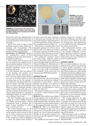 FIGURE 7. As noted
                                                                                                       in the in FEM-2482 wet
                                                                                                       process, a wedge-wire
                                                                                                       screen with elongated
                                                                                                       aperatures (right) is a
                                                                                                       more-effective alternative
                                                                                                       to the standard 500-μm
                      5 cm                                                                             retention screen (left).

FIGURE 6. A typical pellet with a tail formed
during pelletization is shown in the inset, while
the larger image shows the typical size distribu-
tion of broken tails


ferred. Note that this standard lacks        the fines, tails and small streamers        buildup during dry sieving is ad-
details regarding methods and devices        to efficiently pass through. The tails      dressed by adding an anti-static addi-
to use for separation of streamers from      and small streamers align themselves        tive (up to 1 wt.%). However, the prob-
the pellets.                                 with the liquid flow and pass through       lem of sticky fines and agglomerates
   Special care must be given when           the rectangular aperture (Figure 4).        is not addressed in this standard and
handling samples during filling, dis-           Alternatively, a punched plate with      thus remains unresolved.
charging and transportation. The             elongated openings can also be used.           One fundamental problem with
methodology of sampling depends on           However, the use of square wire-mesh        separation processes using sieves
product and plant surroundings.              with larger opening inevitably results      is the inherent inefficiency of sieve-
Limitations of FEM-2482. Despite             in occlusion of the openings as the tails   based separation methods to separate
the comprehensive nature of this             and streamers hang up on the mesh.          fibrous fines that are longer than the
standard, it has several shortcomings,          The wedge-wire retention screen          mesh opening size, even if the fiber di-
including the following:                     also allows chips, undersize pellets,       ameter is much smaller.
1. Fines smaller than 20 µm in size          miscuts and broken pellet fragments
are not measured or collected by the         to pass through and get carried over to     ASTM D 7486-08
finest retention medium (Column C2).         Column C2 (Figure 5). Therefore, it is      This is a recent addition to the stan-
The limit on the lower cut is due to         recommended that the fines classifica-      dards for fines and dust measurement
physical limitations posed by the            tion screen-stack (Figure 5) preferably     in plastic pellets. It proposes a wet
screening operation.                         have a top sieve with 1-mm opening.         washing technique. The sample (typi-
2. In this standard, fines are defined       The remainder of the sieves can be          cally 100 g) is placed on a filter funnel
as the fraction with particle size           chosen per the FEM-2482 guideline.          assembly, consisting of a 200-mm diam-
smaller than 500 µm. However, par-                                                       eter, wire-cloth sieve with 500-µm open-
ticles with size greater than 500 µm         ASTM D 1921-06                              ing. The filtration disc (90 mm in dia.) is
can exist in the fines (Figure 2). Dry       This method covers the measurement          made of glass microfiber, and the media
screening may not be the appropri-           of particle-size distribution of plastic    has a pore size of 0.7 µm to 2.7 µm. The
ate method for separating these fines        materials in various forms — pellets,       typical lower limit is 1.6 µm due to fil-
from the pellets, especially when the        granules and powders. It is based on        tration rate limitations.
fines are sticky, waxy and specifically      the dry-sieving approach, hence the            The pellets are washed with a strong
fibrous in nature. Similarly, quantifi-      lower limit of measurement is about         jet of water (500 mL/min) until they
cation of broken tails with size vary-       38 µm (No. 400 sieve).                      are visibly clean and no particles are
ing from a fraction of the pellet size to       The standard proposes two methods        observed in the wash liquid. The filter
several pellet diameters is especially       — A and B — both of which are dis-          disc is then removed from the assem-
challenging (Figure 6). Typical pellet       cussed below.                               bly, dried in an oven and then weighed
size is between 3 and 5 mm.                  Method A. This method uses multiple         to measure the fines content.
   The first limitation has been ad-         screens stacked on top of each other. A        This method addresses the defi-
dressed by a recent ASTM standard            complete distribution of particle sizes     ciency of FEM-2482 in its inability
(D 7486-08, discussed below), which          can be obtained, which can then be used     to quantify fines smaller than 20 µm,
recommends using a filtration disc           to determine the mean particle diame-       since fines as small as 0.7 µm can be
made of glass microfibers to collect         ter. The suggested sample size is 50 g.     captured on the filter disc. However,
fines as small as 0.7 µm.                    Method B. This is an abbreviated            smaller sample size (100 g) and pos-
   The second limitation can be ad-          version of Method A that uses lim-          sible operator dependence for effective
dressed by replacing the 500-µm wire-        ited screens. It is typically used to get   washing of pellets are the shortcom-
mesh retention screen (shown in Fig-         specific cuts (such as percent passing      ings of this method.
ure 5) with a wedge-wire screen (see         through, or the percent retained) on           When streamers (such as a fraction
Figure 7). The rectangular aperture          certain screens. The suggested sample       greater than 500 µm) are present, the
of the wedge-wire screen is designed         size is 100 g.                              standard proposes using the ASTM D
to retain the pellets while allowing            The problem of electrostatic charge      1921-06 method.
                                                                    ChemiCal engineering www.Che.Com September 2009             27
 