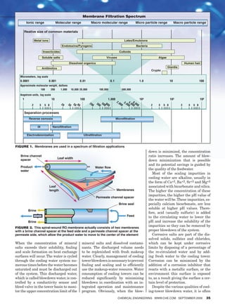 Membrane Filtration Spectrum
        Ionic range                  Molecular range               Macro molecular range                      Micro particle range            Macro particle range

      Reative size of common materials

                Metal ions                                                                          Latex/Emulsions
                                        Endotoxins/Pyrogens                                                   Bacteria

                        Insecticides                                                          Colloids

                       Soluble salts                                            Viruses                                        Algae

                                                Dissolved organics                                                                                    Human hair
                       Antibiotics                                                                                                     Giardia
                                                                                                                          Crypto

   Micrometers, log scale
   0.0001                    0.001                         0.01                       0.1                         1.0                    10                       100
   Approximate molecular weight, daltons
                       100     200      1,000     10,000 20,000           100,000                 500,000

   Angstrom units, log scale
    1                          10                          100                    1,000                           104                    105                      106
                                                                                            2,0     3,0 5,0 8,0
                                        20      30 50 80          20    30 500 80              00      00 00 00
            2      3     5 8                                        0     0       0                                       2    3   5 8            2     3   5 8

      Separation processes
          Reverse osmosis                                                                   Microfiltration

                  IX            Nanofiltration

        Electrodeionization                                  Ultrafiltration



Figure 1. Membranes are used in a spectrum of filtration applications
                                                                                                                         down is minimized, the concentration
   Brine channel                                                                                                         ratio increases. The amount of blow-
   spacer                             Leaf width
                                                                                                                         down minimization that is possible
                                                                                                                         and its potential savings is guided by
   Product                                                              Water flow
   water
                                                                                                                         the quality of the feedwater.
                                                                                                                            Most of the scaling impurities in
                                                                                                                         cooling water are alkaline, usually in
                                                                                                                         the form of Ca+2, Ba+2, Sr+2 and Mg+2
                             Leaf                                                                                        associated with bicarbonate and silica.
                             length                                                         Membranes                    The higher the concentration of these
                                                                                                                         impurities, the higher the pH value of
                                                                        Permeate channel spacer
                                                                                                                         the water will be. These impurities, es-
                                                                                              Brine seal                 pecially calcium bicarbonate, are less
                                                                                                                         soluble at higher pH values. There-
         Brine
                                                                                                                         fore, acid (usually sulfuric) is added
                                                                                                      Feed               to the circulating water to lower the
         Brine                                                                                                           pH and increase the solubility of the
Figure 2. This spiral-wound RO membrane actually consists of two membranes
                                                                                                                         impurities so they can be removed by
with a brine channel spacer at the feed side and a permeate channel spacer at the                                        proper blowdown of the system.
permeate side, which allow the product water to move to the center of the element                                           Corrosive salts are part of the dis-
                                                                                                                         solved solids, sulfates and chlorides,
When the concentration of mineral                           mineral salts and dissolved contami-                         which can be kept under corrosive
salts exceeds their solubility, fouling                     nants. The discharged volume needs                           limits by disposing of a percentage of
and scale formation on heat exchange                        to be replenished with fresh makeup                          the re-circulated water and by add-
surfaces will occur. The water is cycled                    water. Clearly, management of cooling                        ing fresh water to the cooling tower.
through the cooling water system nu-                        tower blowdown is necessary to prevent                       Corrosion can be minimized by the
merous times before the water becomes                       fouling and scaling and to efficiently                       addition of a corrosion inhibitor that
saturated and must be discharged out                        use the makeup-water resource. Water                         reacts with a metallic surface, or the
of the system. This discharged water,                       consumption of cooling towers can be                         environment this surface is exposed
which is called blowdown water, is con-                     reduced significantly by minimizing                          to, as a result giving the surface a cer-
trolled by a conductivity sensor and                        blowdown in coordination with an in-                         tain level of protection.
bleed valve in the tower basin to moni-                     tegrated operation and maintenance                              Despite the various qualities of cool-
tor the upper concentration limit of the                    program. Obviously, when the blow-                           ing-tower blowdown water, it is often
                                                                                             ChemiCal engineering www.Che.Com September 2009                            35
 