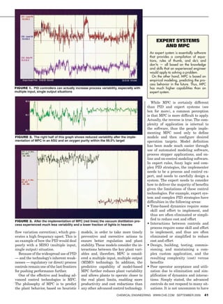 ExpErt SyStEmS
                                                                                                and mpC
                                                                                        An expert system is essentially software
                                                                                        that provides a compilation of equa-
                                                                                        tions, rules of thumb, and do’s and
                                                                                        don’ts — all based on the knowledge
                                                                                        and skills that an experienced engineer
                                                                                        would apply to solving a problem.
                                                                                          On the other hand, MPC is based on
                                                                                        empirical modeling, predicting the pro-
                                                                                        cess behavior in the future. Thus, MPC
Figure 1. PID controllers can actually increase process variability, especially with    has much higher capabilities than an
multiple input, single output situations                                                expert system.


                                                                                          While MPC is certainly different
                                                                                       than PID and expert systems (see
                                                                                       box for more), a common perception
                                                                                       is that MPC is more difficult to apply.
                                                                                       Actually, the reverse is true. The com-
                                                                                       plexity of application is internal to
                                                                                       the software, thus the people imple-
                                                                                       menting MPC need only to define
Figure 2. The right half of this graph shows reduced variability after the imple-      models and then configure desired
mentation of MPC in an ASU and an oxygen purity within the 99.5% target                operation targets. Model definition
                                                                                       has been made much easier through
                                                                                       use of automated modeling software,
                                                                                       process stepper applications, and on-
                                                                                       line and on-control modeling software.
                                                                                       In expert rules, fuzzy logic and com-
                                                                                       plex PID strategies, the implementer
                                                                                       needs to be a process and control ex-
                                                                                       pert, and needs to carefully design a
                                                                                       system. The expert needs to consider
                                                                                       how to deliver the majority of benefits
                                                                                       given the limitations of these control
                                                                                       technologies. For example, expert sys-
                                                                                       tem and complex PID strategies have
                                                                                       difficulties in the following areas:
                                                                                       •		 ime-based	 dynamics	 require	 some	
                                                                                         T
                                                                                         skill and effort to implement, and
                                                                                         thus are often eliminated or simpli-
                                                                                         fied to reduce cost and effort
Figure 3. After the implementation of MPC (red lines) the vacuum distillation pro-
cess experienced much less variability and a lower fraction of lights in heavies       •		 nteractions	 between	 controls	 and	
                                                                                         I
                                                                                         process require some skill and effort
flow variation correction), which gen-      models, in order to take more timely         to implement, and thus are often
erates a high frequency upset. This is      preventive and corrective actions to         eliminated or simplified to reduce
an example of how the PID would deal        ensure better regulation and plant           cost and effort
poorly with a MISO (multiple input,         stability. These models consider the in-   •		 esign,	 building,	 testing,	 commis-
                                                                                         D
single output) situation.                   teractions between the key plant vari-       sioning, and maintaining a com-
   Because of the widespread use of PID     ables and, therefore, MPC is consid-         plex custom application, and the
— and the technology’s inherent weak-       ered a multiple input, multiple output       resulting complexity (cost) versus
nesses — regulatory (or direct) process     (MIMO) technology. In addition, the          benefits
controls remain one of the last frontiers   predictive capability of model-based       •		 oor	 operator	 acceptance	 and	 utili-
                                                                                         P
for pushing performance further.            MPC further reduces plant variability        zation due to elimination and sim-
   One of the effective and leading ad-     and allows plants to operate closer to       plification of dynamics and interac-
vanced control technologies is MPC.         the real plant limits, enabling more         tions. Simply stated, the advanced
The philosophy of MPC is to predict         productivity and cost reductions than        controls do not respond to many sit-
the plant behavior, based on heuristic      any other advanced control technology.       uations. It is not uncommon to have
                                                                    ChemiCal engineering www.Che.Com September 2009           41
 