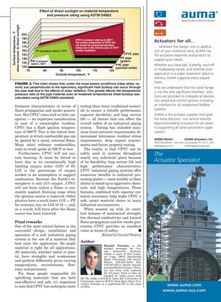 Effect of direct sunlight on material temperature
                                                    and pressure rating using ASTM D4803
when exposed to direct sunlight
   Surface temperature, °F




                                  200
                                  190                                      CPVC is pressure rated up to 200°F.
                                  180                                      The surface temperature of CPVC will
                                                                           not exceed its pressure/temperature
                                  170                                      rating even in the extreme case of 120°F
                                  160       PP is pressure rated to 170°F  outdoor conditions
                                  150                                                                                 CPVC pipe
                                  140                                                                               PP pipe
                                        PVC is pressure                                                             (green)
                                  130 rated to 140°F
                                                                                                                PVC pipe
                                  120                                                                           (painted white)
                                     70            80              90      100              110           120
                                                               Outside temperature, °F


           Figure 3. This chart shows that, under the most severe conditions (clear skies, no
           wind, sun perpendicular to the specimen), significant heat buildup can occur through
           the pipe wall due to the effects of solar radiation. This greatly affects the temperature/
           pressure ratio of the pipe material, even at moderate temperatures (Heat buildup was
           calculated using ASTM D4803 standard)

           formance characteristics in terms of                                 testing than many traditional materi-
           flame propagation and smoke genera-                                  als to ensure a reliable performance,
           tion. But CPVC rates well in both cat-                               superior durability and long service
           egories — an important consideration                                 life — all factors that can affect the
           in case of a catastrophic incident.                                  overall safety of an industrial piping
           CPVC has a flash ignition tempera-                                   system. Testing has included mini-
           ture of 900°F. This is the lowest tem-                               mum burst pressure requirements, di-
           perature at which combustible gas can                                mensional tolerances, residual stress
           be ignited by a small, external flame.                               requirements, drop impact require-
           Many other ordinary combustibles,                                    ments and fusion property testing.
           such as wood, ignite at 500°F or less.                                  The reality is that CPVC can be
              Furthermore, CPVC will not sus-                                   safely used in systems throughout
           tain burning. It must be forced to                                   nearly any industrial plant because
           burn due to its exceptionally high                                   of its durability, long service life and
           limiting oxygen index (LOI) of 60.                                   high performance characteristics.
           LOI is the percentage of oxygen                                      CPVC industrial piping systems offer
           needed in an atmosphere to support                                   numerous benefits to industrial pro-
           combustion. Because the Earth’s at-                                  cessing plants — most notably in their
           mosphere is only 21% oxygen , CPVC                                   ability to stand up to aggressive chem-
           will not burn unless a flame is con-                                 icals and high temperatures. These
           stantly applied. Burning stops when                                  features, combined with superior cor-
           the ignition source is removed. Other                                rosion resistance, help make CPVC a
           plastics have a much lower LOI — PP,                                 safe, smart material choice in many
           for instance, has an LOI of 18 — and,                                industrial environments.
           as a result, will burn after the flame                                  When teamed up with its excel-
           source has been removed.                                             lent balance of mechanical strength,
                                                                                low thermal conductivity, and limited
           Final remarks                                                        flame propagation and low smoke gen-
           One of the most critical factors in the                              eration, CPVC provides an excellent
           successful design, installation and                                  value in terms of safety.              n
           operation of a safe industrial piping                                               Edited by Gerald Ondrey
           system is the use of a material that
           best suits the application. No single
                                                                                Author
                                                                                                   Donald Townley is the
           material is right for all applications.                                                 market manager for Cor-
           All materials, whether metal or plas-                                                   zan    Industrial     Systems,
                                                                                                   which is part of The Lubri-
           tic, have strengths and weaknesses                                                      zol Corp. (9911 Brecksville
                                                                                                   Road, Cleveland, OH 44141.
           and perform differently given varying                                                   Phone: 216-447-5244; Fax:
           temperatures, environments, flow-                                                       216-447-6211; Email: donald.
                                                                                                   townley@lubrizol.com). Town-
           rates and pressures.                                                                    ley has been with Lubrizol
              For those people responsible for                                                     for 19 years. Prior to this, he
                                                                                                   worked for eight years with
           specifying materials that are both                                   BP. He holds a B.S.M.E. from the University of
           cost-effective and safe, it’s important                              Cincinnati, and an M.B.A. from Kent State Uni-
                                                                                versity. Townley is a registered PE in the state
           to note that CPVC has undergone more                                 of Ohio.
 