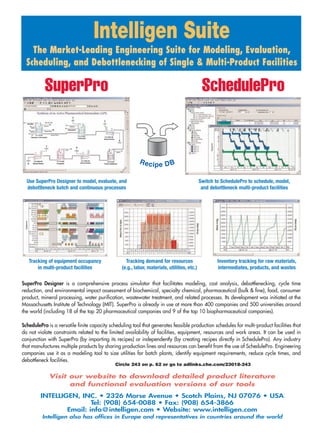 Intelligen Suite
    The Market-Leading Engineering Suite for Modeling, Evaluation,
  Scheduling, and Debottlenecking of Single  Multi-Product Facilities

           SuperPro                                                                           SchedulePro


                                                          R e cipe D B

  Use SuperPro Designer to model, evaluate, and                                              Switch to SchedulePro to schedule, model,
  debottleneck batch and continuous processes                                                 and debottleneck multi-product facilities




   Tracking of equipment occupancy                 Tracking demand for resources                     Inventory tracking for raw materials,
       in multi-product facilities               (e.g., labor, materials, utilities, etc.)           intermediates, products, and wastes

SuperPro Designer is a comprehensive process simulator that facilitates modeling, cost analysis, debottlenecking, cycle time
reduction, and environmental impact assessment of biochemical, specialty chemical, pharmaceutical (bulk  fine), food, consumer
product, mineral processing, water purification, wastewater treatment, and related processes. Its development was initiated at the
Massachusetts Institute of Technology (MIT). SuperPro is already in use at more than 400 companies and 500 universities around
the world (including 18 of the top 20 pharmaceutical companies and 9 of the top 10 biopharmaceutical companies).

SchedulePro is a versatile finite capacity scheduling tool that generates feasible production schedules for multi-product facilities that
do not violate constraints related to the limited availability of facilities, equipment, resources and work areas. It can be used in
conjunction with SuperPro (by importing its recipes) or independently (by creating recipes directly in SchedulePro). Any industry
that manufactures multiple products by sharing production lines and resources can benefit from the use of SchedulePro. Engineering
companies use it as a modeling tool to size utilities for batch plants, identify equipment requirements, reduce cycle times, and
debottleneck facilities.
                                             Circle 243 on p. 62 or go to adlinks.che.com/23018-243

             Visit our website to download detailed product literature
                   and functional evaluation versions of our tools
         INTELLIGEN, INC. • 2326 Morse Avenue • Scotch Plains, NJ 07076 • USA
                         Tel: (908) 654-0088 • Fax: (908) 654-3866
                 Email: info@intelligen.com • Website: www.intelligen.com
         Intelligen also has offices in Europe and representatives in countries around the world
 