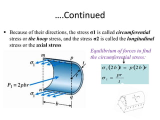 ….Continued
 Because of their directions, the stress σ1 is called circumferential
stress or the hoop stress, and the stress σ2 is called the longitudinal
stress or the axial stress
Equilibrium of forces to find
the circumferential stress:
 