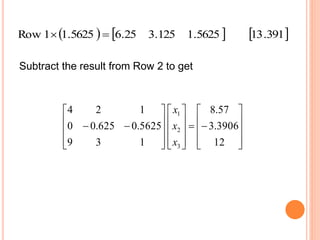 Subtract the result from Row 2 to get
     391.135625.1125.325.65625.11Row 
































12
3906.3
57.8
139
5625.0625.00
124
3
2
1
x
x
x
 