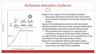 Surfactant Adsorption Isotherm
31
1. Region I was a region of low adsorption densities.
• Monomers adsorption primarily from electrostatic
forces between surfactant ions and the charged solid
surface.
2. Region II, the adsorption was due to the electrostatic
attraction between the ions and the charged solid surface
and hemimicelles association of hydrocarbon chains.
• This transition from region II to region III was
marked by a decrease in the slope of the isotherm.
3. In region III the surfactant ions were probably due to the
association between the hydrocarbon chains.
4. Region IV was called the plateau adsorption region.
• The transition from region III to region IV usually
occurs above the CMC of the surfactant.
 