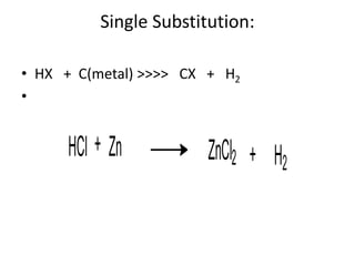Single Substitution:
• HX + C(metal) >>>> CX + H2
•
HCl Zn ZnCl2 H2
+ +
 