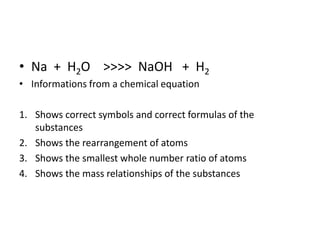 • Na + H2O >>>> NaOH + H2
• Informations from a chemical equation
1. Shows correct symbols and correct formulas of the
substances
2. Shows the rearrangement of atoms
3. Shows the smallest whole number ratio of atoms
4. Shows the mass relationships of the substances
 