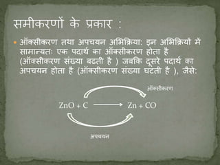  ऑक्सीकरण तर्था अपचयन अमभकिया: इन अमभकियों में
सामान्यतः एक पदार्थण का ऑक्सीकरण होता है
(ऑक्सीकरण संख्या बढती है ) जबकक दूसरे पदार्थण का
अपचयन होता है (ऑक्सीकरण संख्या घटती है ), जैसे:
ZnO + C Zn + CO
ऑक्सीकरण
अपचयन
 