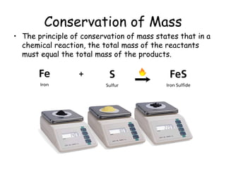 Conservation of Mass The principle of conservation of mass states that in a chemical reaction, the total mass of the reactants must equal the total mass of the products. 